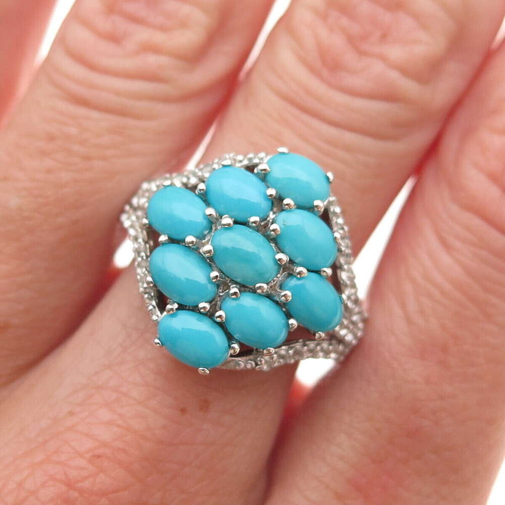 Chuck Clemency 925 Sterling Silver Real Turquoise & White Topaz Ring Size 8.5